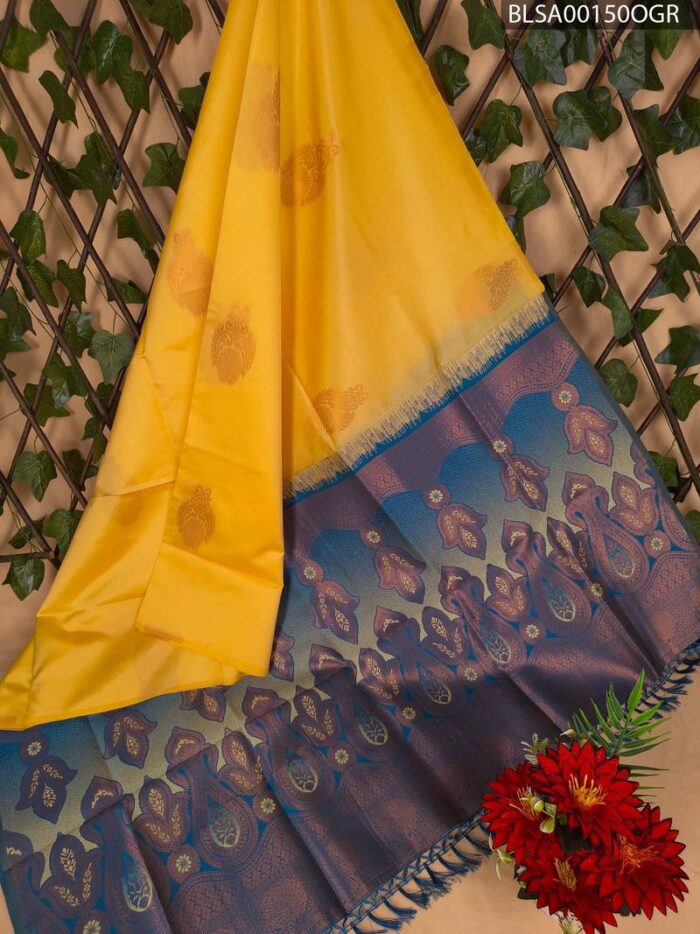 Bright Yellow and Blue Semi Soft Silk Saree with Intricate Motifs and Decorative Pallu - Image 1
