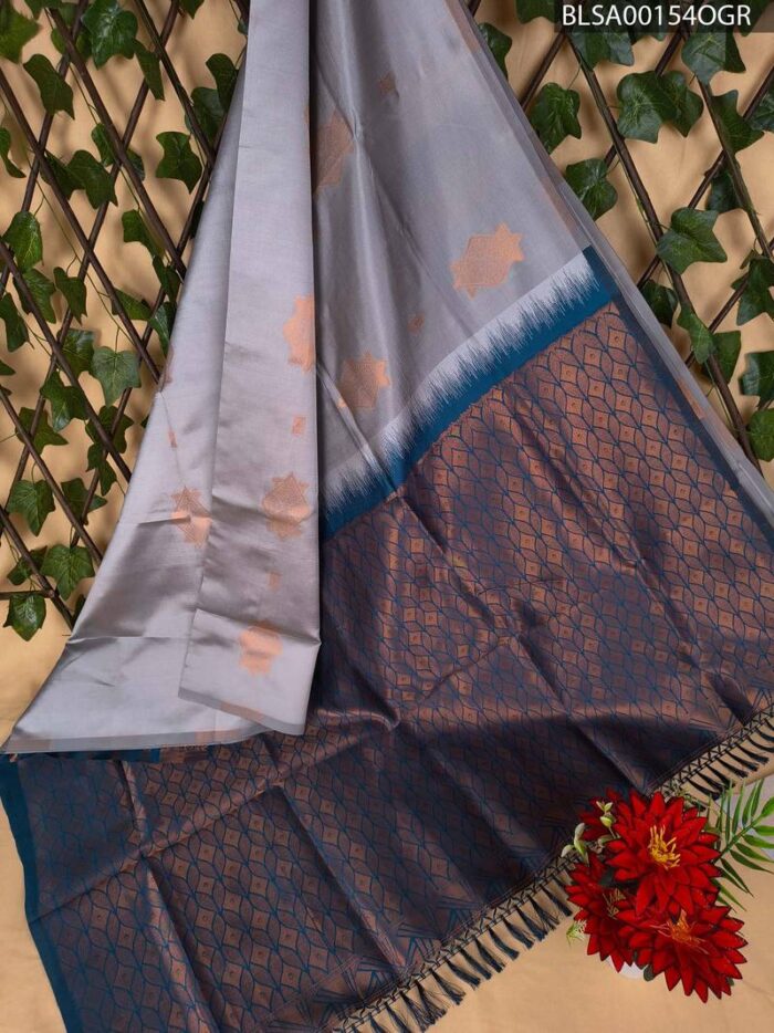 BLSA00154_MAIN_OGR-1.jpg Grey and Blue Semi Soft Silk Saree with Elegant Motifs and Border Design - Image 1