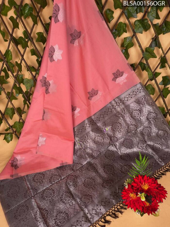 BLSA00156_MAIN_OGR-1.jpg Elegant Pink and Gray Semi Soft Silk Saree with Floral Motifs and Rich Pallu - Image 1