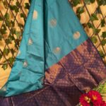 Beautiful Teal Semi Soft Silk Saree with Rich Purple Border and Golden Motifs