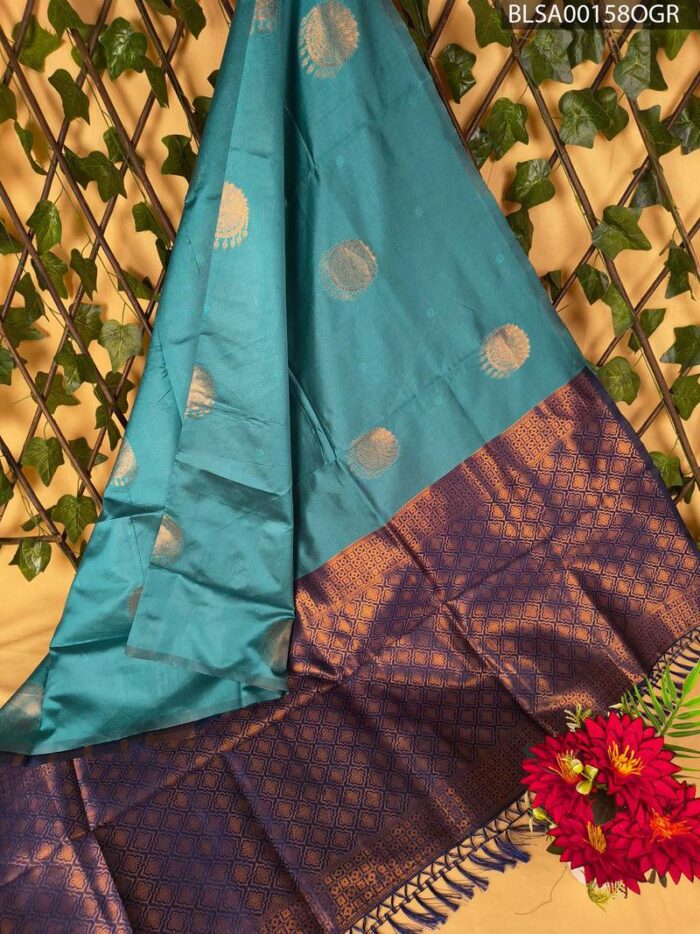 BLSA00158_MAIN_OGR-1.jpg Beautiful Teal Semi Soft Silk Saree with Rich Purple Border and Golden Motifs - Image 1