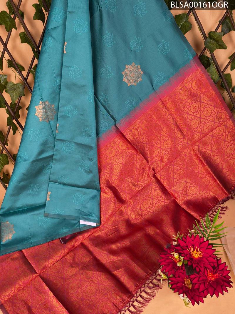 BLSA00161_MAIN_OGR-1.jpg Teal Semi Soft Silk Saree with Red Pallu and Rich Golden Motifs - Image 1
