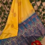 Beautiful Yellow and Blue Semi Soft Silk Saree with Intricate Leaf Motifs and Rich Pallu Design