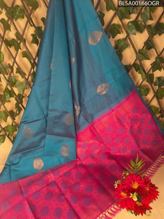 BLSA00166_MAIN_OGR-1.jpg Teal and Pink Semi Soft Silk Saree with Elegant Motifs and Rich Pallu - Image 1