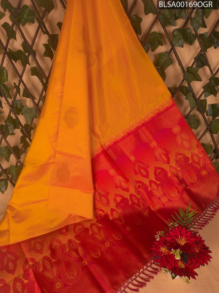 Bright Yellow and Red Semi Soft Silk Saree with Floral Border Design - Image 1