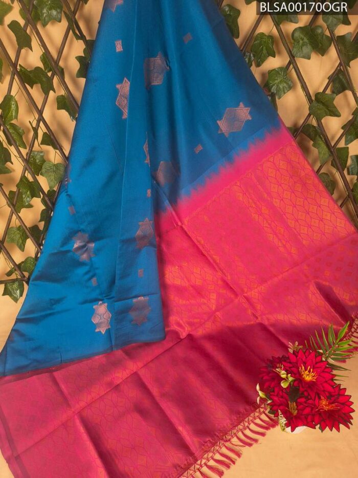 BLSA00170_MAIN_OGR-1.jpg Rich Blue and Pink Semi Soft Silk Saree with Geometric Motifs and Beautiful Border - Image 1