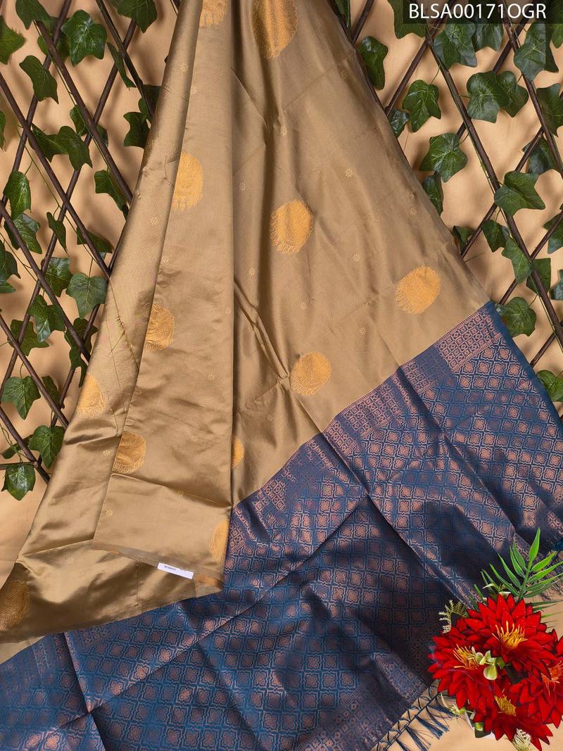 BLSA00171_MAIN_OGR-1.jpg Elegant Tan and Blue Semi Soft Silk Saree with Intricate Motifs and Rich Pallu - Image 1