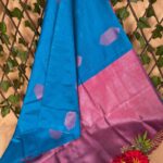 Bright Blue Semi Soft Silk Saree with Pink Border and Geometric Motifs