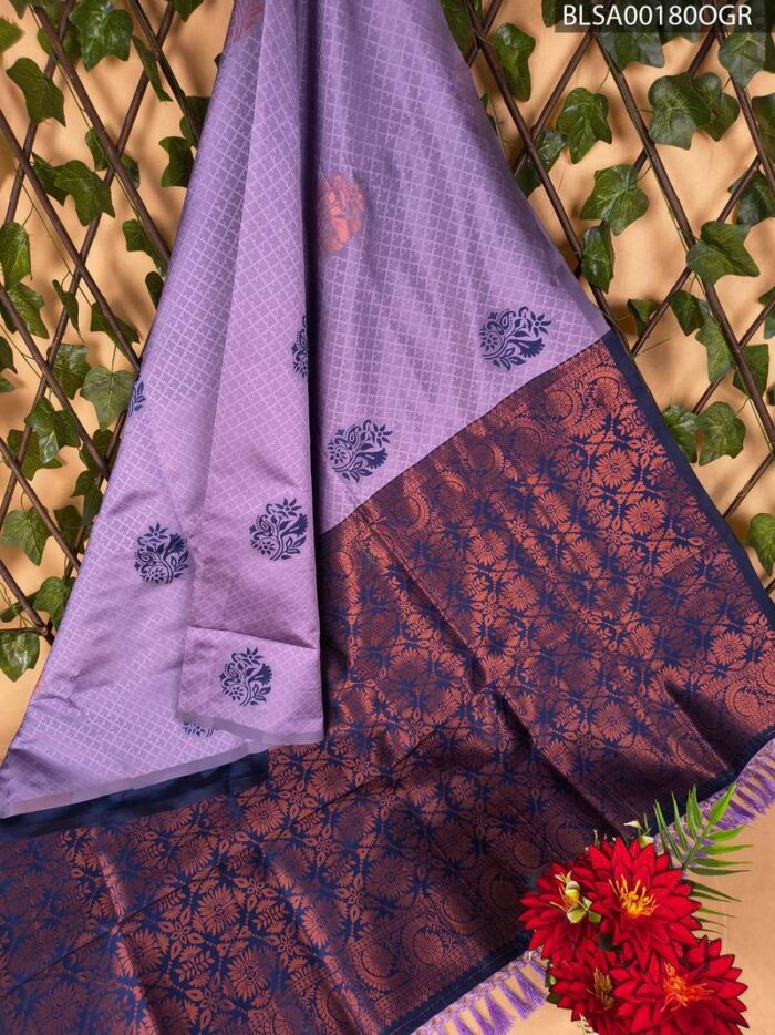 BLSA00180_MAIN_OGR-1.jpg Lavender and Navy Blue Printed Semi Soft Silk Saree with Designer Border - Image 1