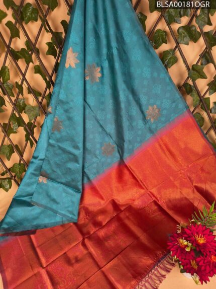 Teal and Orange Semi Soft Silk Saree with Floral Motifs and Rich Border