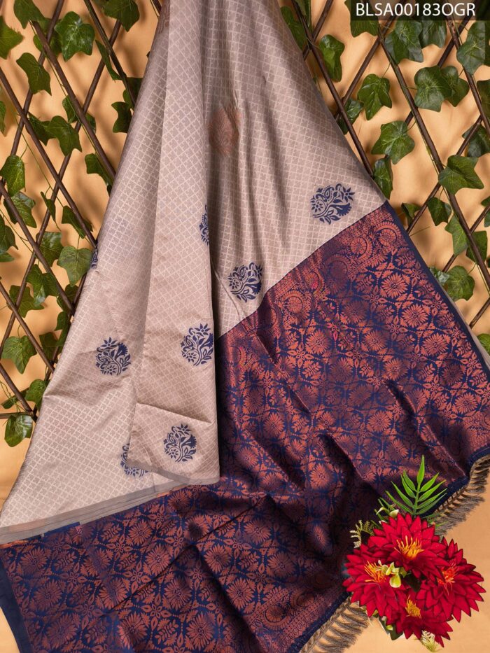 BLSA00183_MAIN_OGR Elegant Grey and Navy Blue Semi Soft Silk Saree with Rich Floral Pallu and Border Design - Image 1