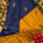 Navy Blue and Mustard Semi Soft Silk Saree with Floral Motifs and Elegant Border