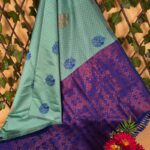 Beautiful Aqua and Purple Semi Soft Silk Saree with Floral Motifs