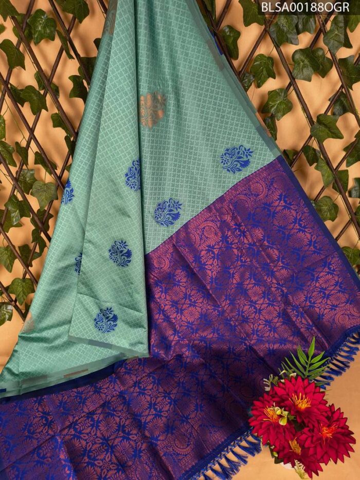 BLSA00188_MAIN_OGR-1.jpg Beautiful Aqua and Purple Semi Soft Silk Saree with Floral Motifs - Image 1