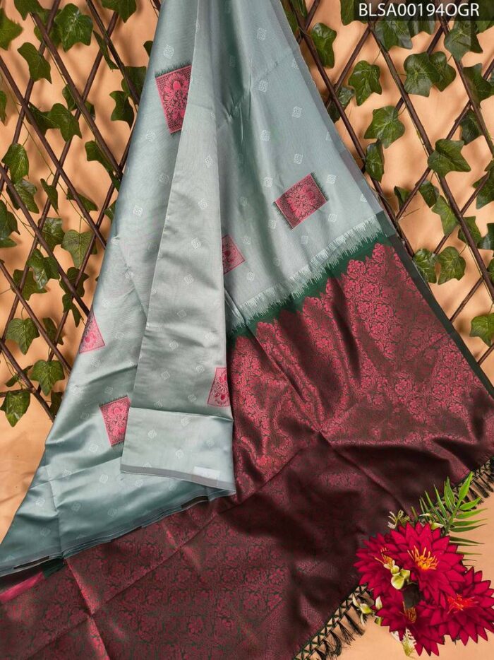 BLSA00194_MAIN_OGR-1.jpg Premium Mint Green and Maroon Semi Soft Silk Saree with Intricate Motifs and Elegant Border - Image 1