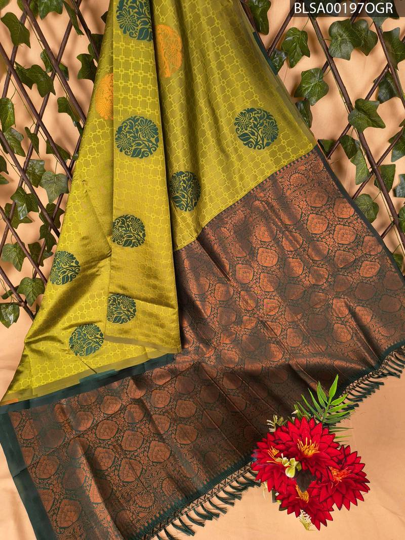 BLSA00197_MAIN_OGR-1.jpg Stunning Green and Brown Semi Soft Silk Saree with Floral Motifs and Rich Pallu - Image 1