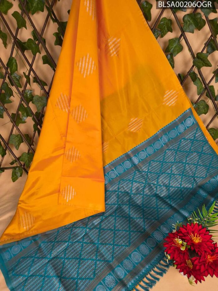 Vibrant Yellow Semi Soft Silk Saree with Teal Pallu and Intricate Border Design - Image 1