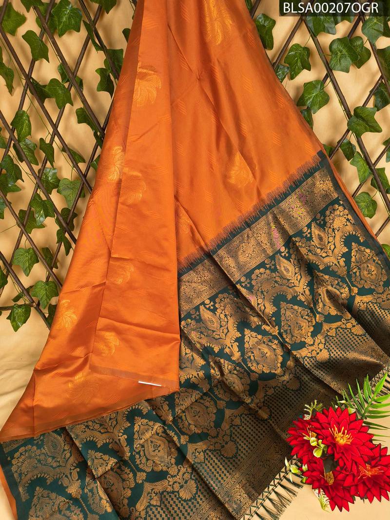 BLSA00207_MAIN_OGR-1.jpg Rust Orange Semi Soft Silk Saree with Rich Green Floral Border - Image 1