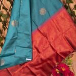 Teal and Red Semi Soft Silk Saree with Golden Motifs and Elegant Border
