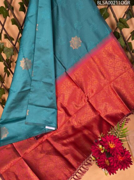 Teal and Red Semi Soft Silk Saree with Golden Motifs and Elegant Border