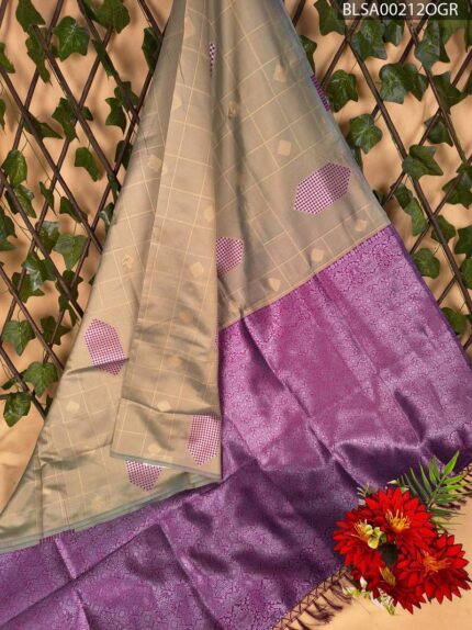 Beige and Purple Semi Soft Silk Saree with Checkered Pallu and Intricate Border Design