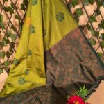 Bright Olive Green Semi Soft Silk Saree with Rich Dark Brown Border and Floral Motifs