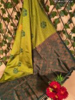 Bright Olive Green Semi Soft Silk Saree with Rich Dark Brown Border and Floral Motifs