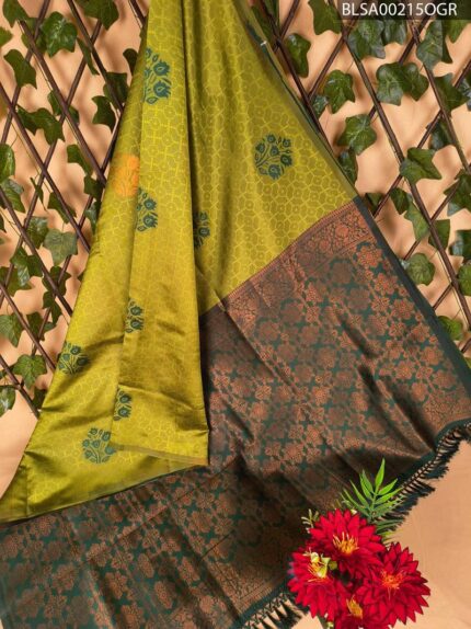 Bright Olive Green Semi Soft Silk Saree with Rich Dark Brown Border and Floral Motifs