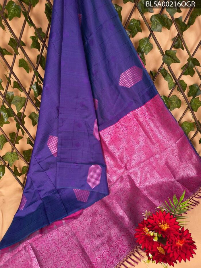 Vibrant Purple and Pink Semi Soft Silk Saree with Geometric Patterns and Rich Border - Image 1
