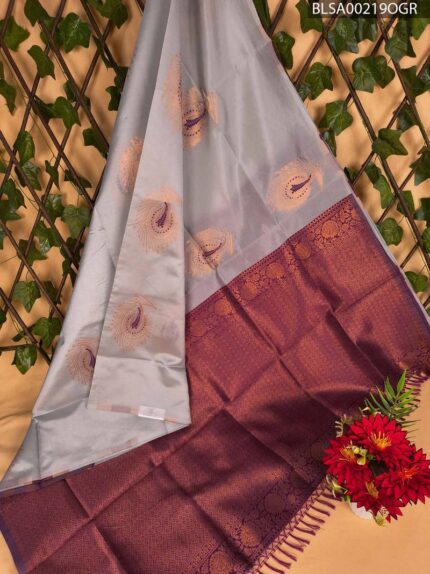 Gorgeous Grey and Maroon Semi Soft Silk Saree with Beautiful Motifs and Rich Pallu