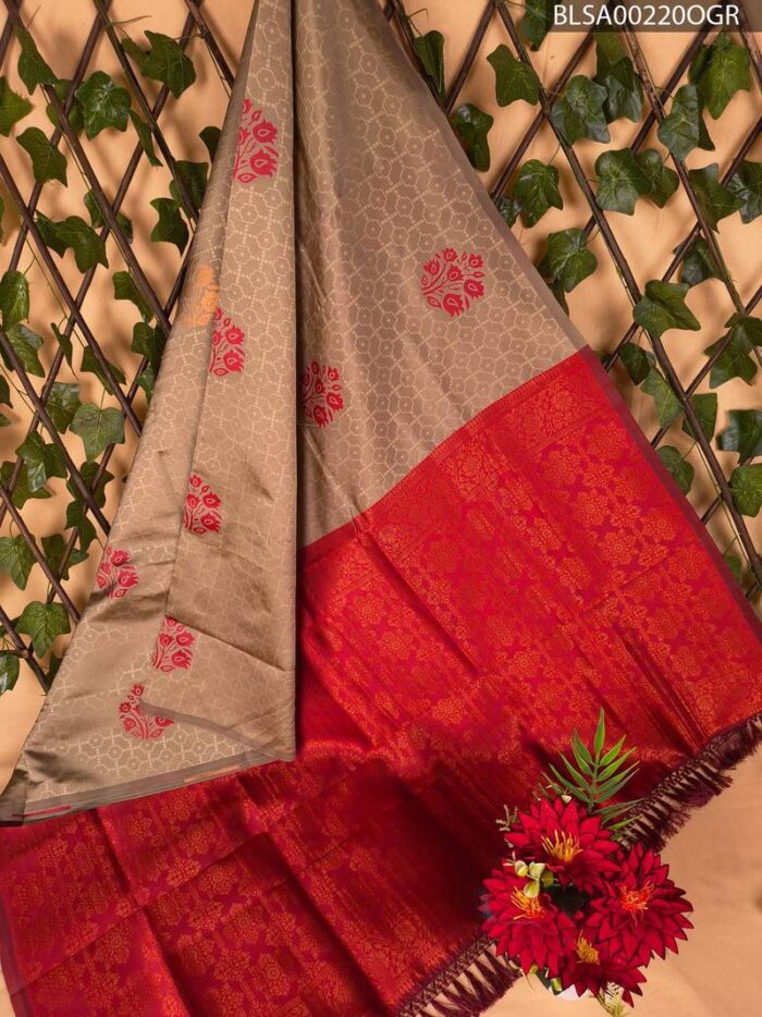 BLSA00220_MAIN_OGR-1.jpg Beige and Red Semi Soft Silk Saree with Floral Motifs and Rich Pallu - Image 1