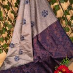 Trendy Grey and Navy Blue Semi Soft Silk Saree with Floral Patterns and Rich Border