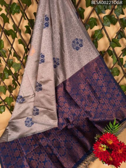 Trendy Grey and Navy Blue Semi Soft Silk Saree with Floral Patterns and Rich Border