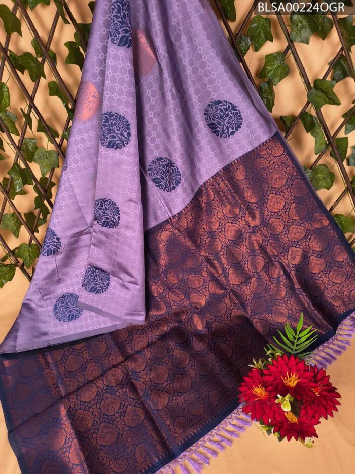 Elegant Light Purple Semi Soft Silk Saree with Rich Dark Blue Pallu and Stylish Motifs - Image 1
