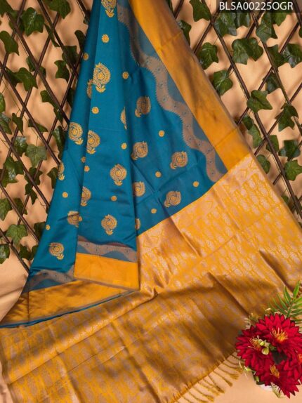 Teal and Gold Semi Soft Silk Saree with Floral Motifs and Contrast Pallu