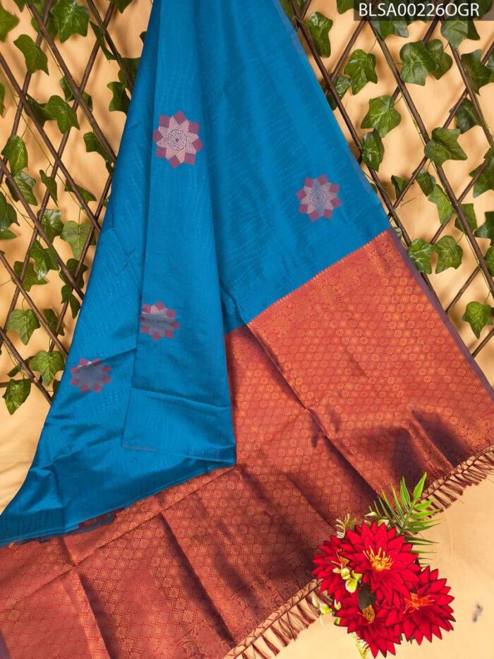 BLSA00226_MAIN_OGR-1.jpg Beautiful Blue and Brown Semi Soft Silk Saree with Floral Motifs and Elegant Border - Image 1